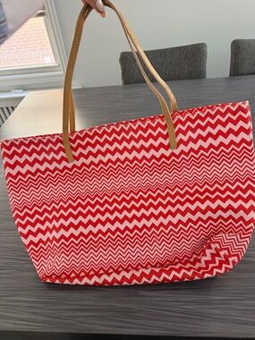 M by Missoni Red and White Chevron Tote with Tan Handles